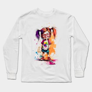 Colorful little funny girl with glasses at school Long Sleeve T-Shirt